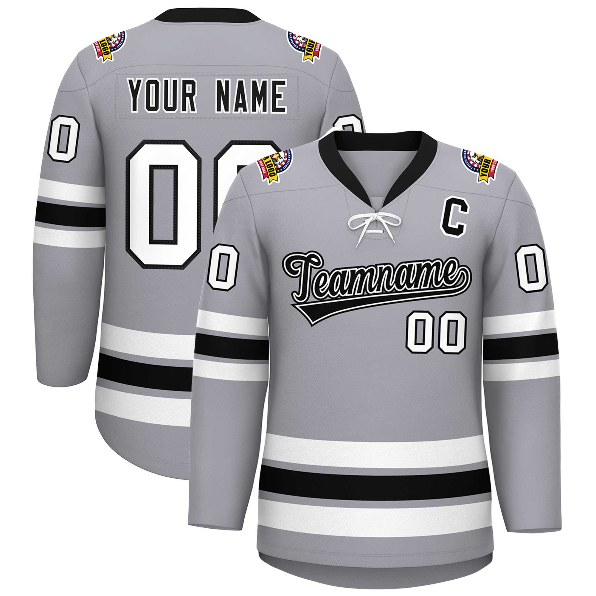 Custom Gray Black-White Lace-Up Neck Hockey Jersey | KXKSHOP