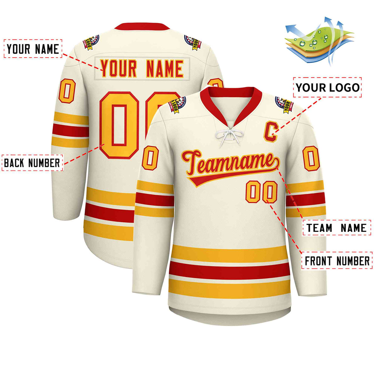 Custom Cream Red-Yellow Lace-Up Neck Hockey Jersey | KXKSHOP