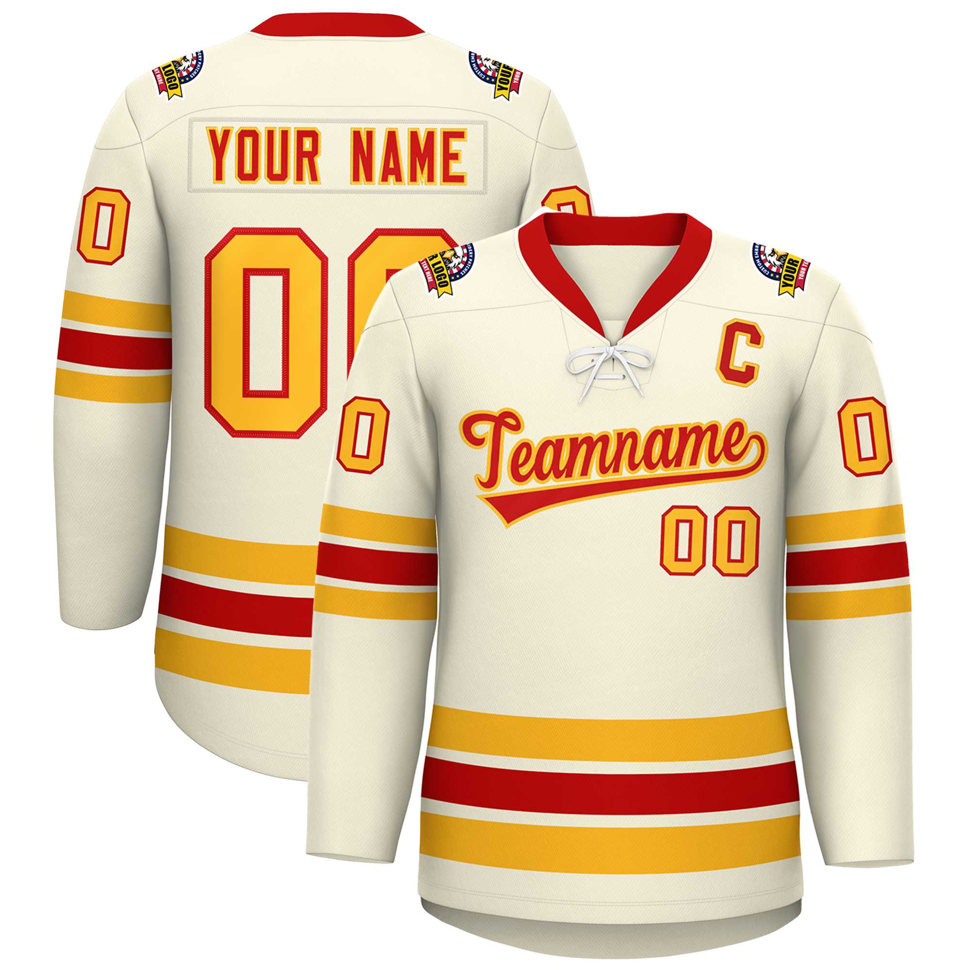 Custom Cream Red-Yellow Lace-Up Neck Hockey Jersey | KXKSHOP