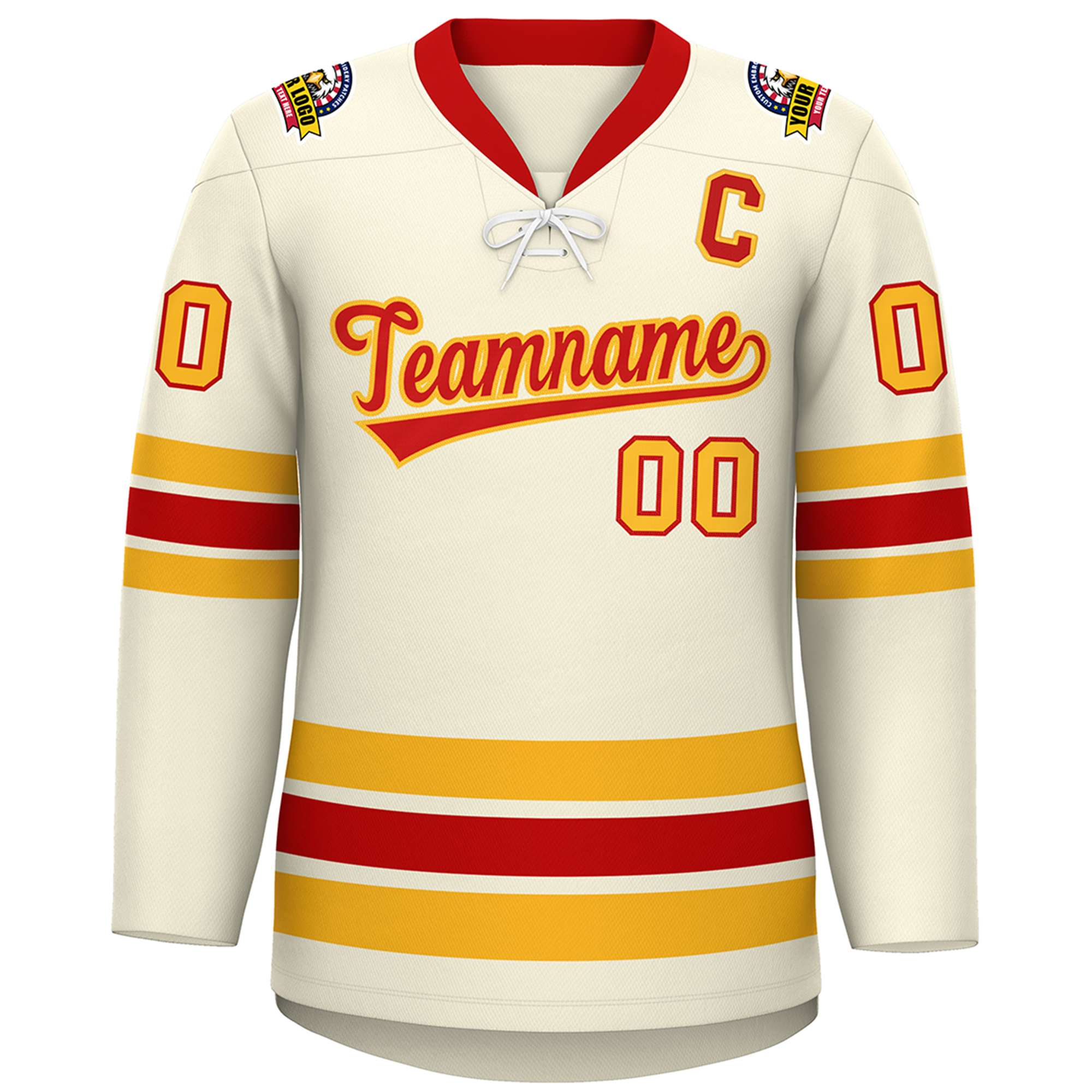 Custom Cream Red-Yellow Lace-Up Neck Hockey Jersey | KXKSHOP