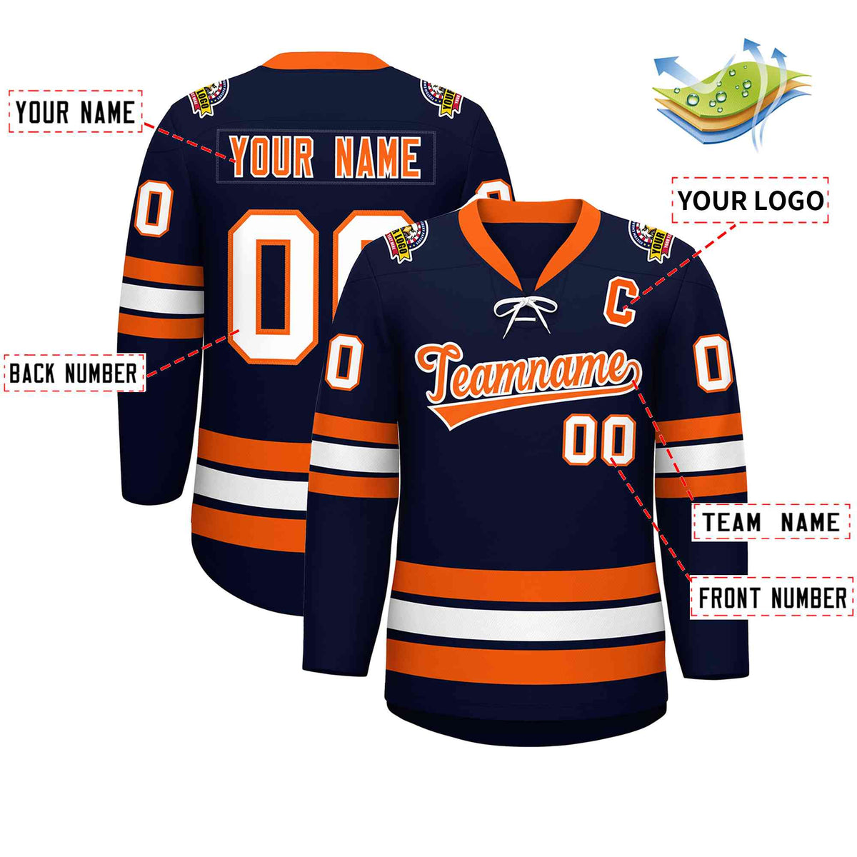 Custom Navy Orange-White Lace-Up Neck Hockey Jersey | KXKSHOP