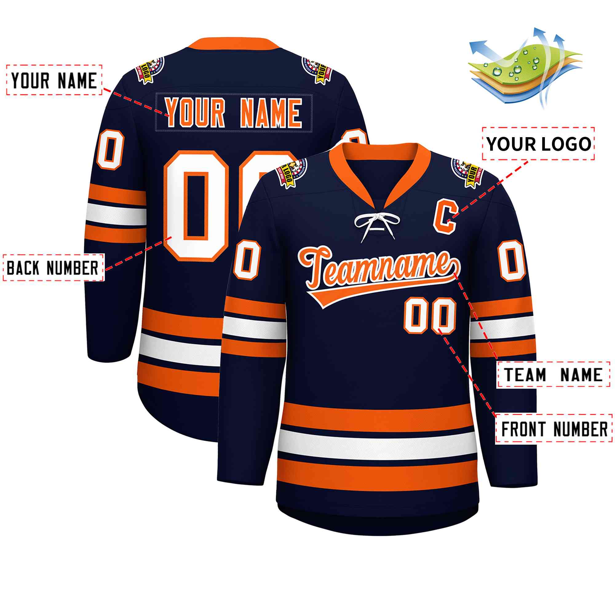 Custom Navy Orange-White Lace-Up Neck Hockey Jersey | KXKSHOP