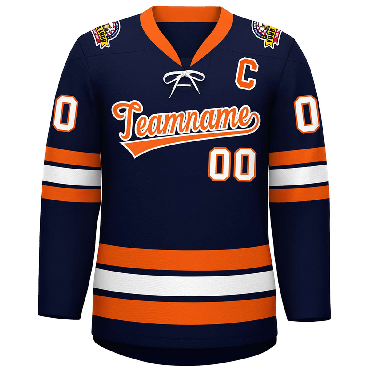 Custom Navy Orange-White Lace-Up Neck Hockey Jersey | KXKSHOP