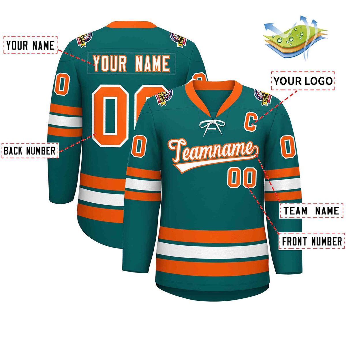 Custom Aqua White-Orange Lace-Up Neck Hockey Jersey | KXKSHOP