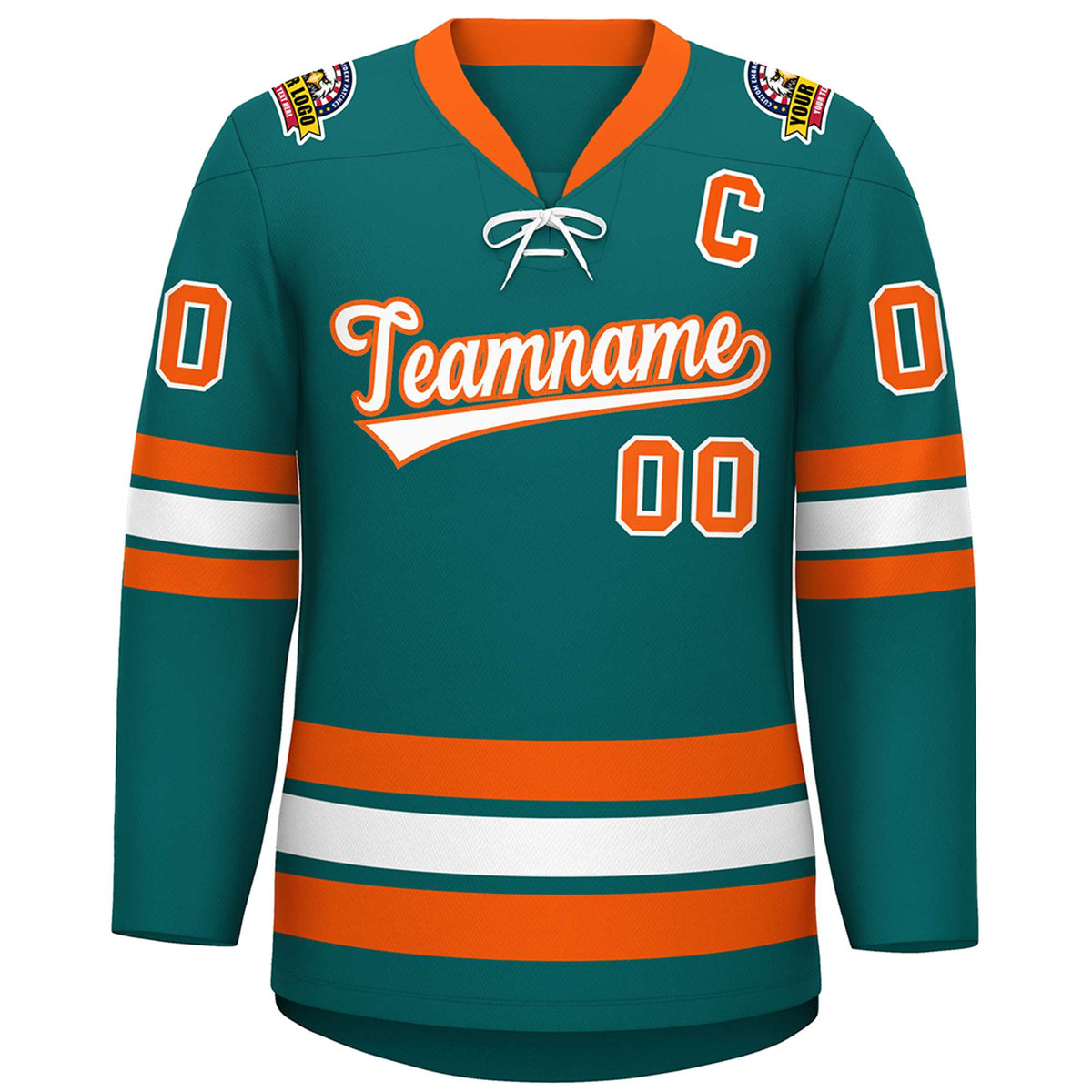 Custom Aqua White-Orange Lace-Up Neck Hockey Jersey | KXKSHOP