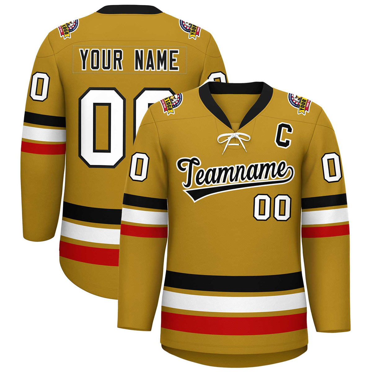 Custom Old Gold Black-White Lace-Up Neck Hockey Jersey | KXKSHOP