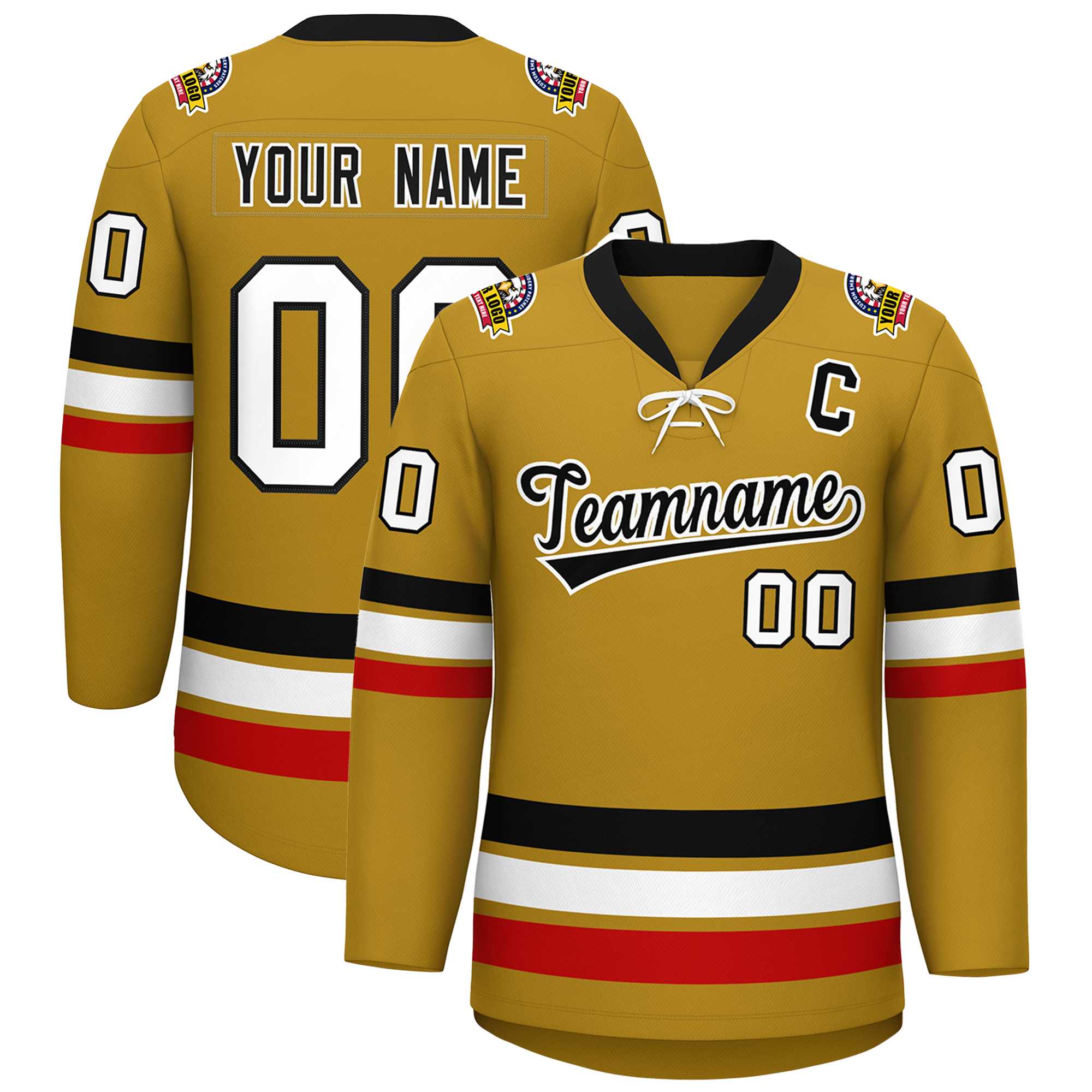 Custom Old Gold Black-White Lace-Up Neck Hockey Jersey | KXKSHOP