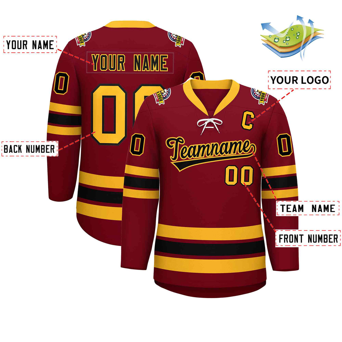 Custom Crimson Black-Yellow Lace-Up Neck Hockey Jersey | KXKSHOP