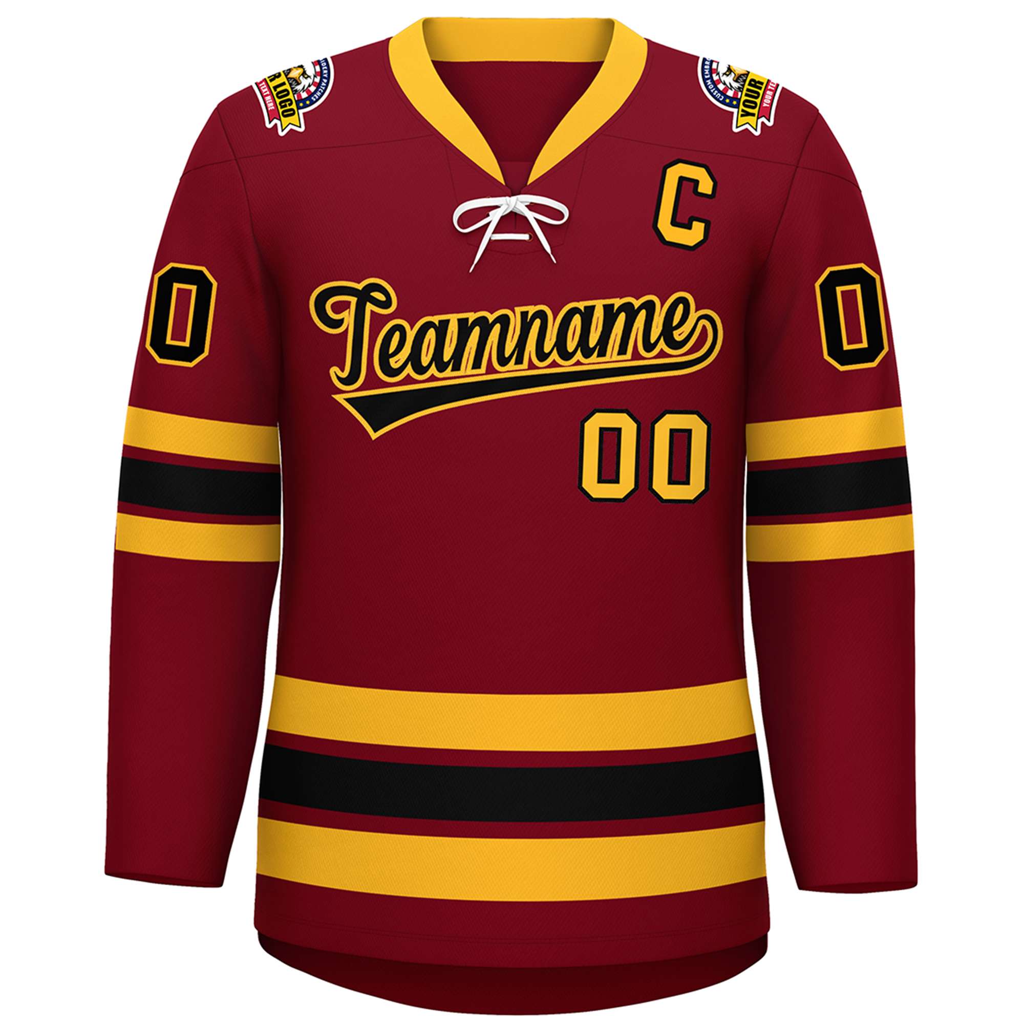 Custom Crimson Black-Yellow Lace-Up Neck Hockey Jersey | KXKSHOP