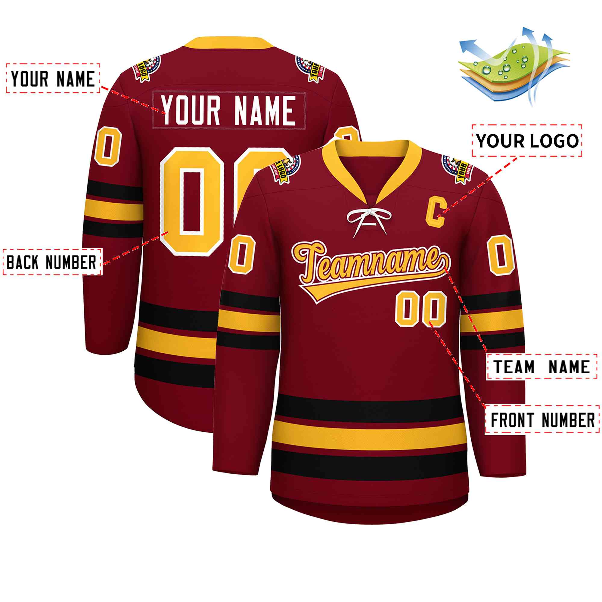 Custom Crimson Yellow-Black Lace-Up Neck Hockey Jersey | KXKSHOP