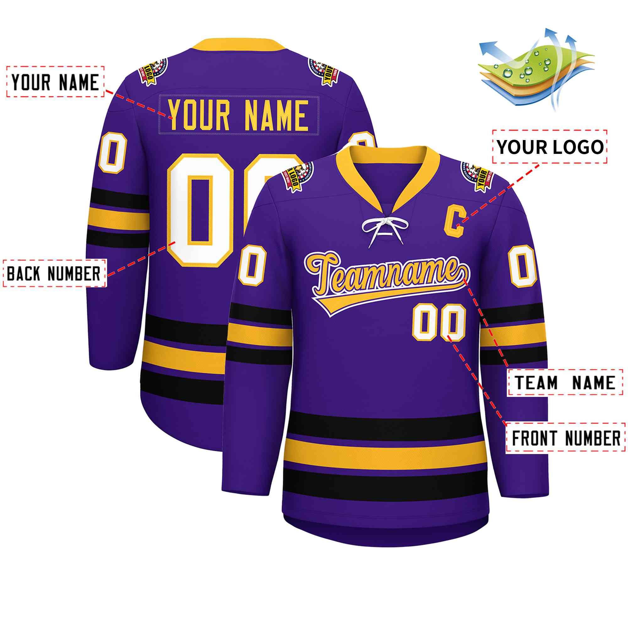 Custom Purple Yellow-Black Lace-Up Neck Hockey Jersey | KXKSHOP