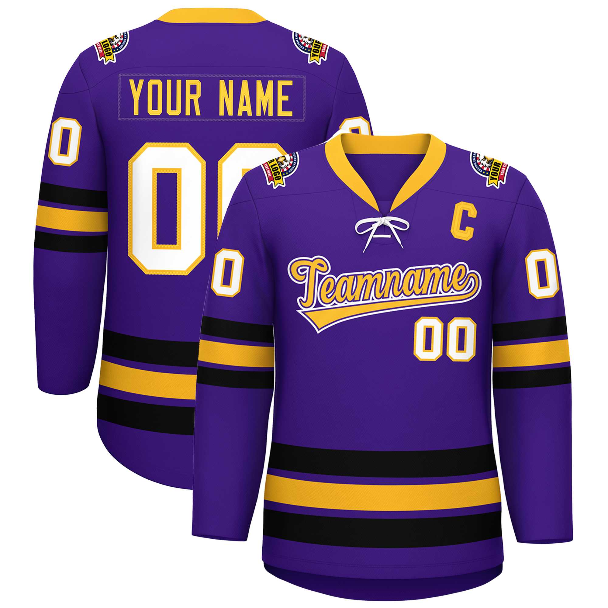 Custom Purple Yellow-Black Lace-Up Neck Hockey Jersey | KXKSHOP