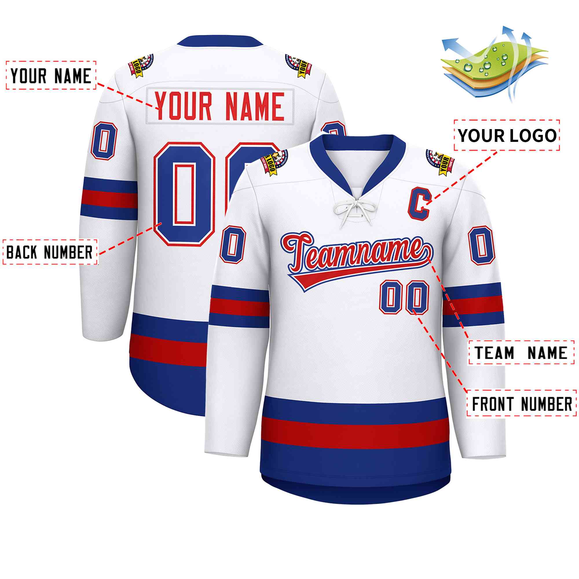 Custom White Red-Royal Lace-Up Neck Hockey Jersey | KXKSHOP