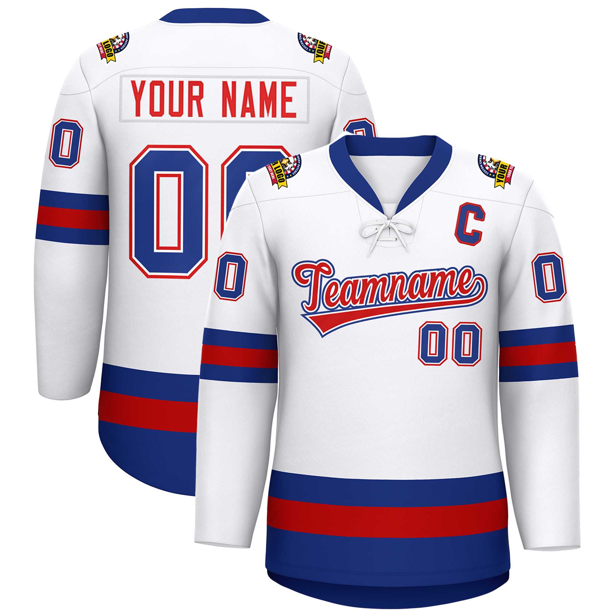 Custom White Red-Royal Lace-Up Neck Hockey Jersey | KXKSHOP