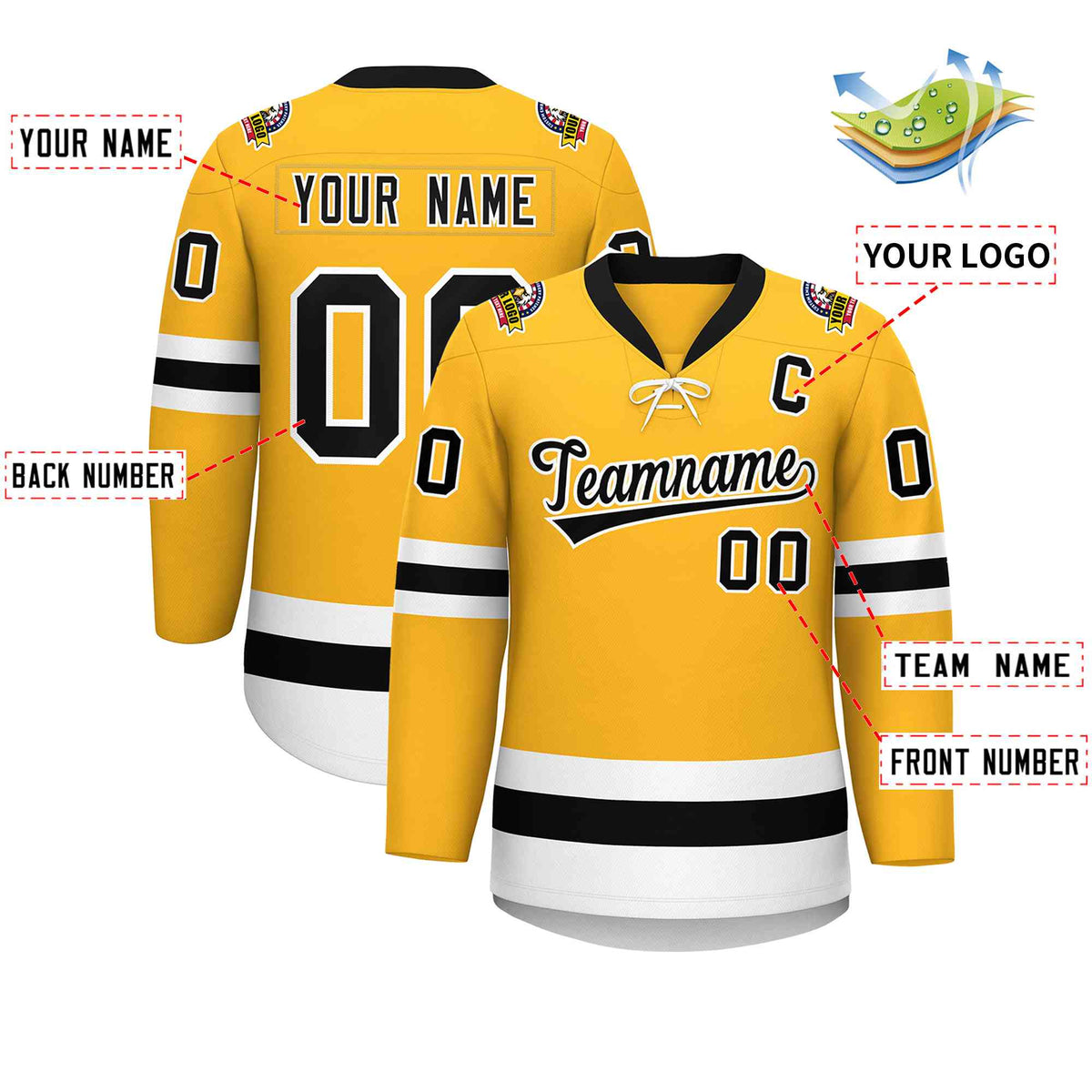 Custom Gold Black-White Lace-Up Neck Hockey Jersey | KXKSHOP