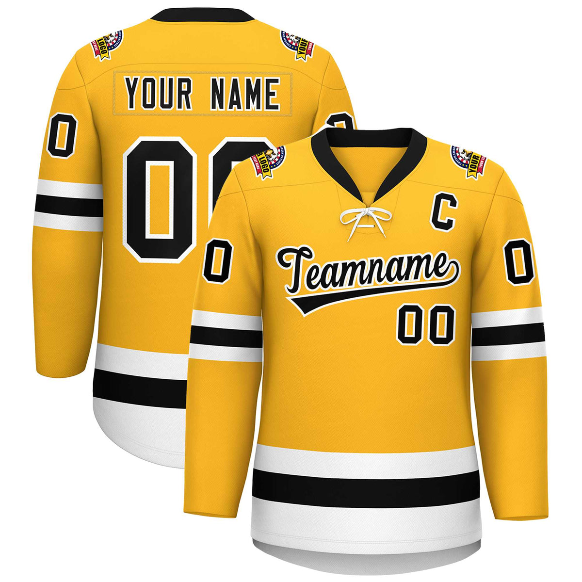 Custom Gold Black-White Lace-Up Neck Hockey Jersey | KXKSHOP