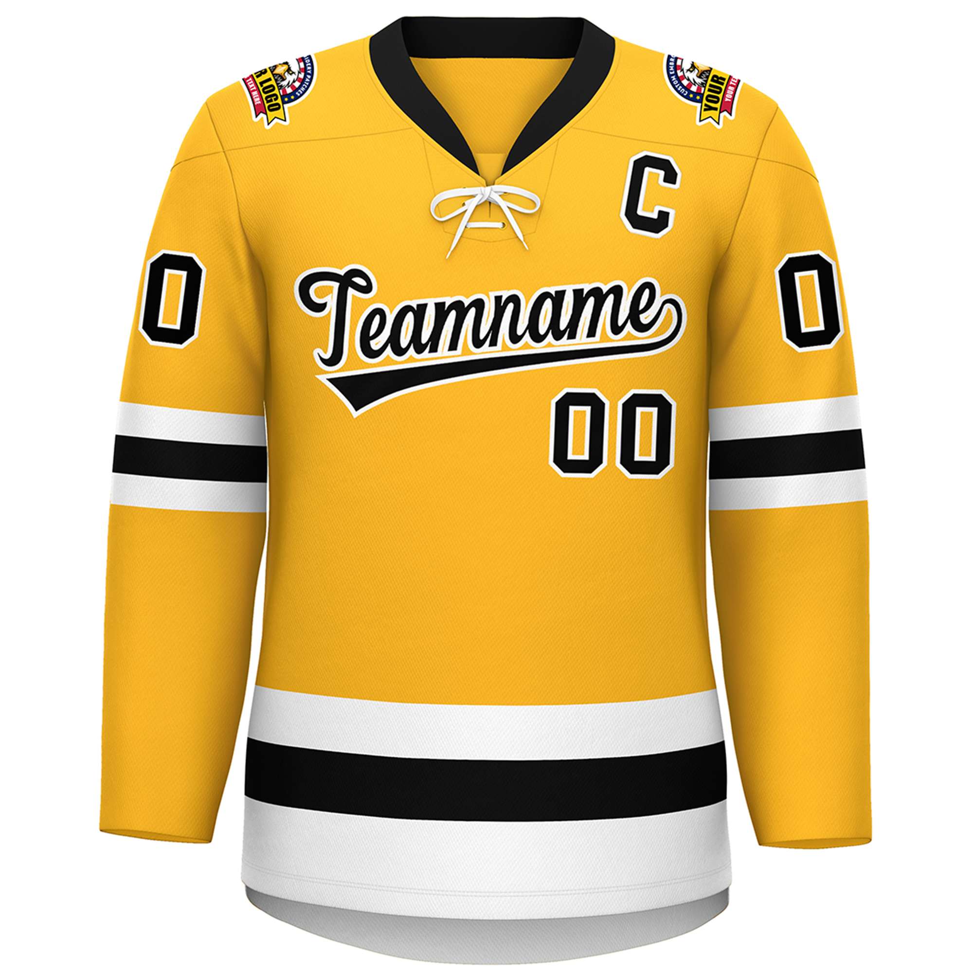 Custom Gold Black-White Lace-Up Neck Hockey Jersey | KXKSHOP