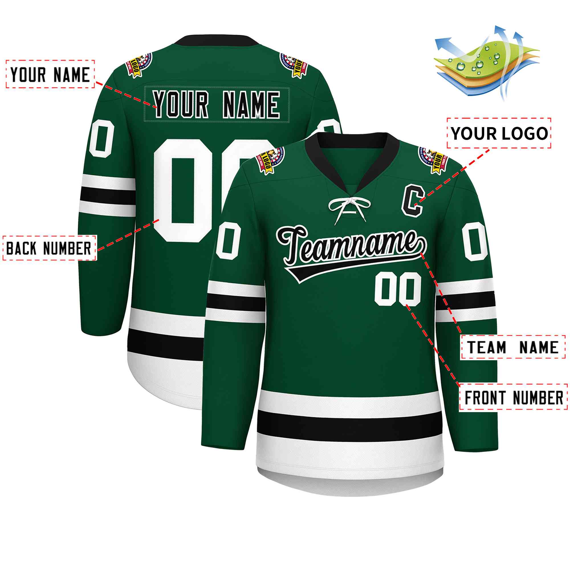 Custom Green Black-White Lace-Up Neck Hockey Jersey | KXKSHOP