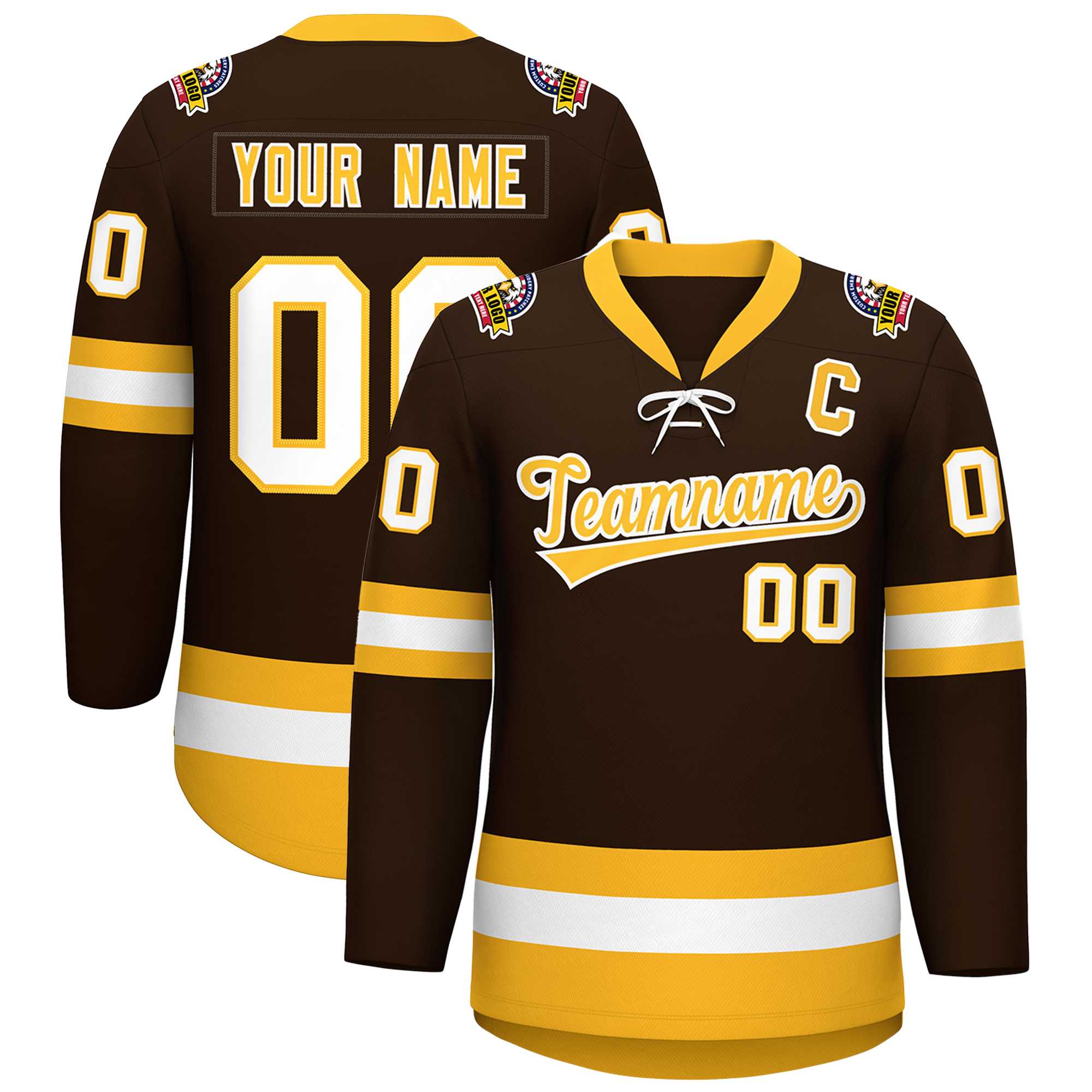 Custom Brown Gold-White Lace-Up Neck Hockey Jersey | KXKSHOP