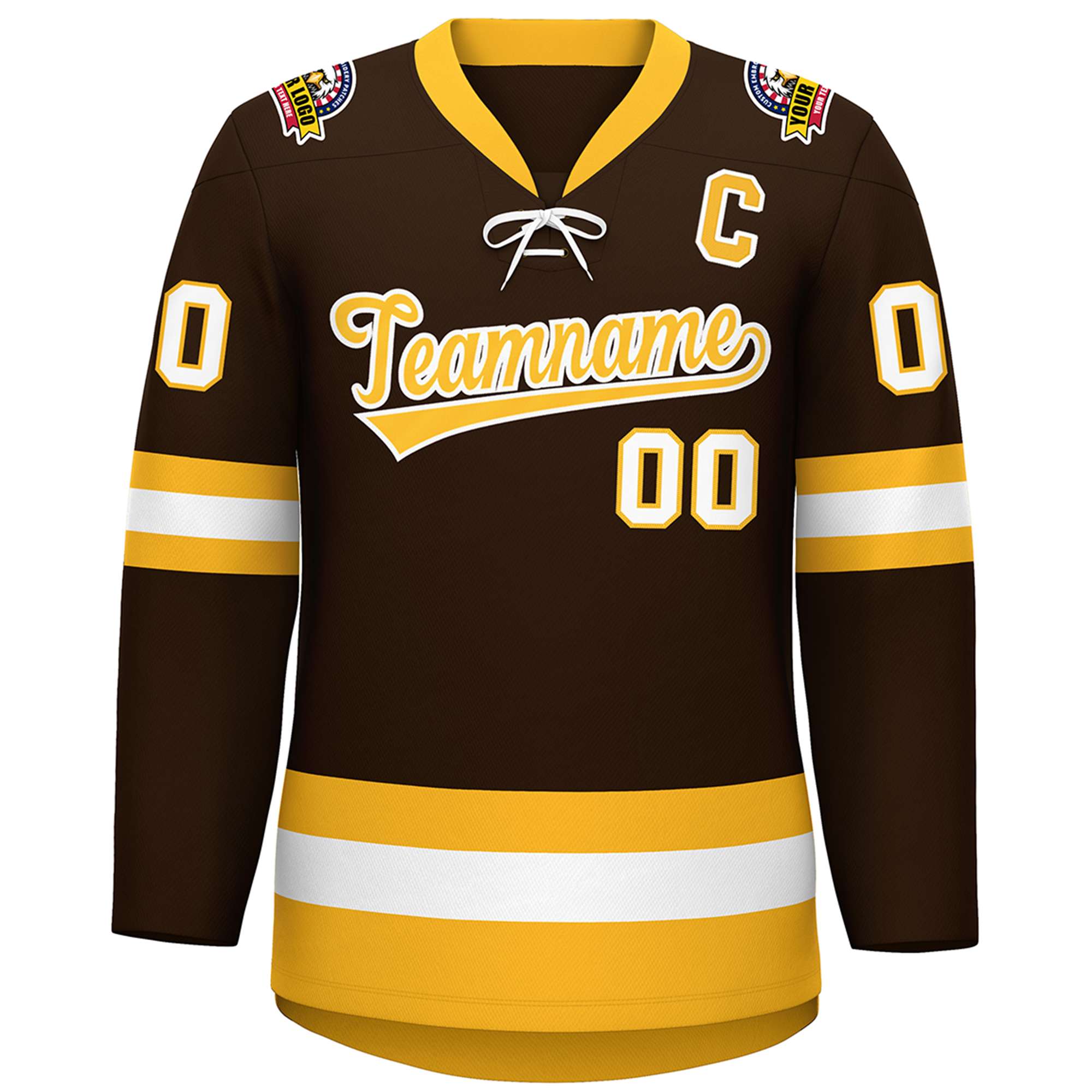 Custom Brown Gold-White Lace-Up Neck Hockey Jersey | KXKSHOP