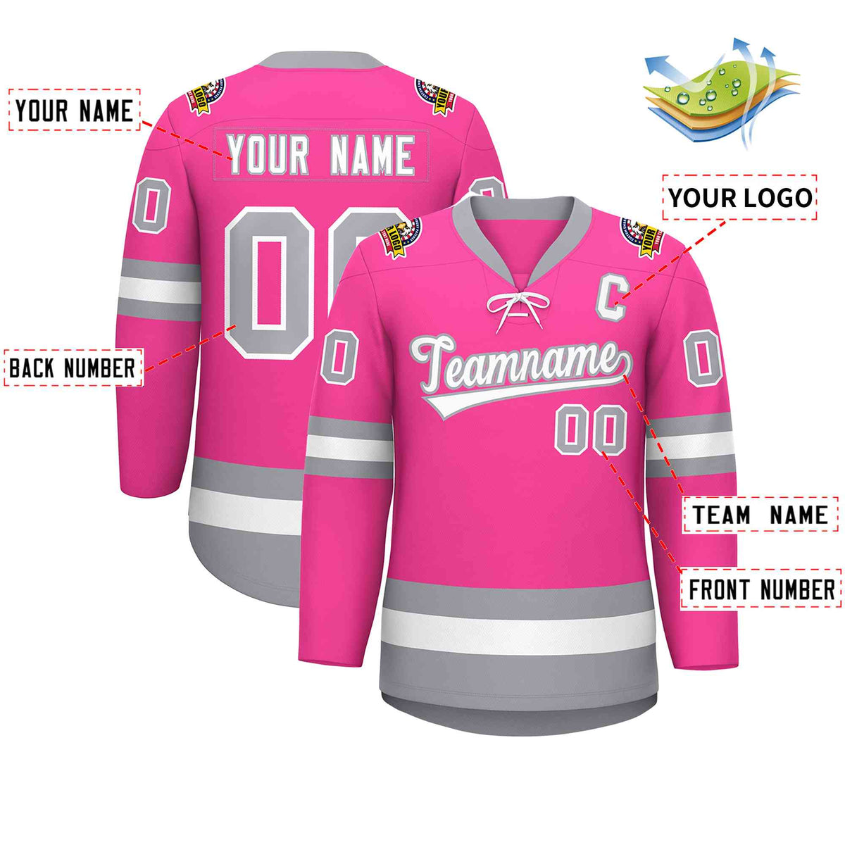 Custom Pink White-Gray Lace-Up Neck Hockey Jersey | KXKSHOP