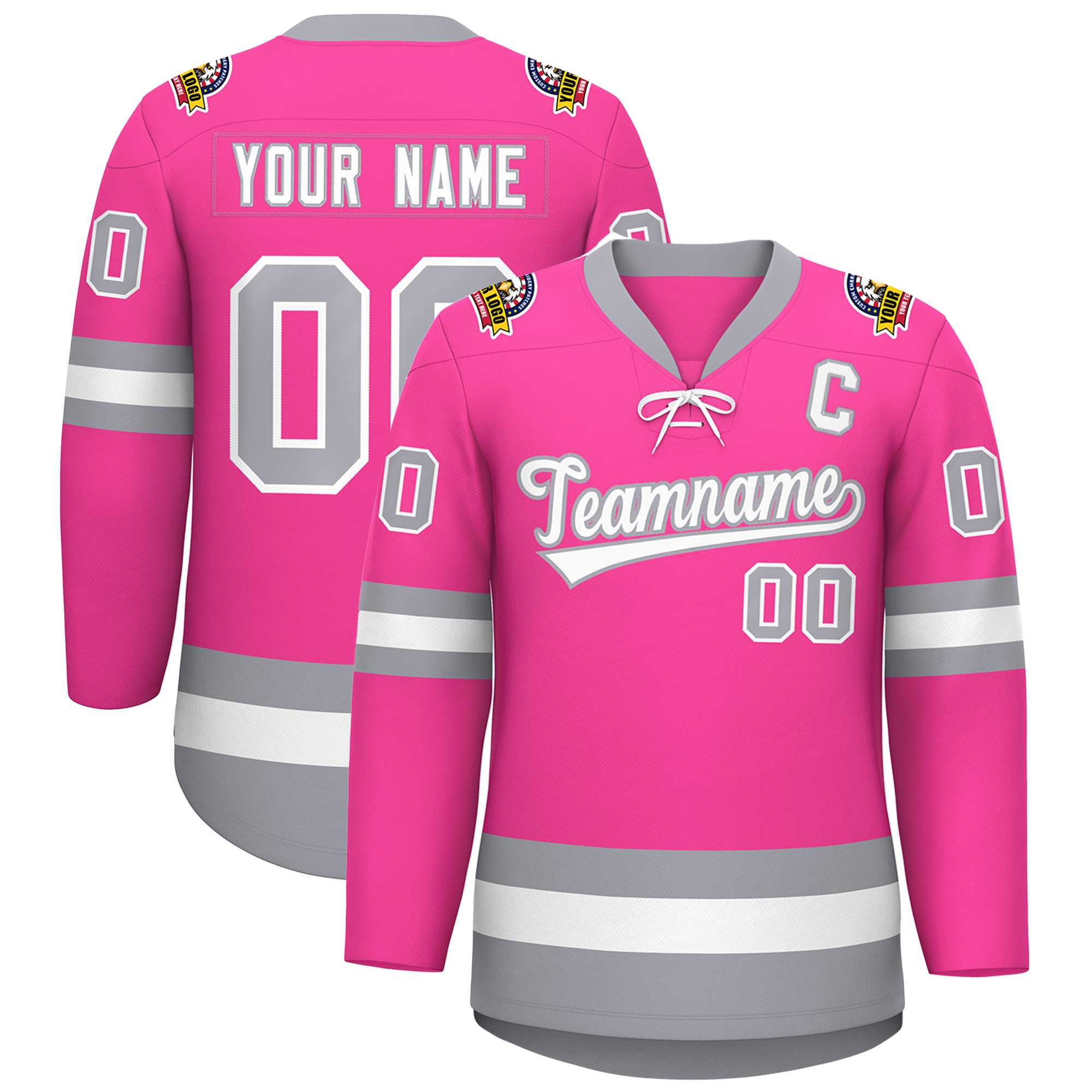 Custom Pink White-Gray Lace-Up Neck Hockey Jersey | KXKSHOP