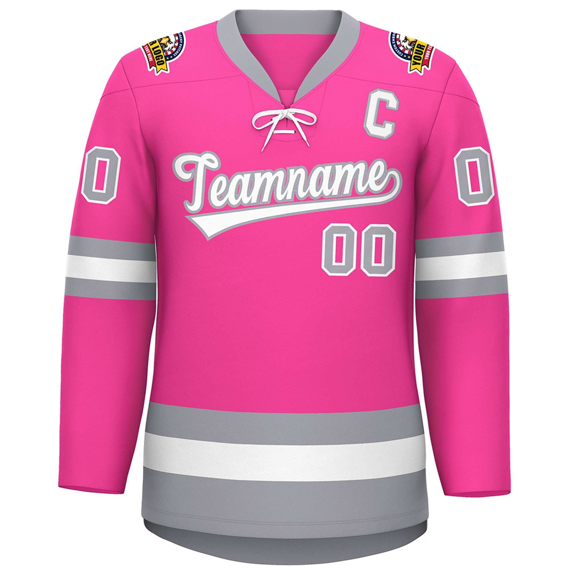 Custom Pink White-Gray Lace-Up Neck Hockey Jersey | KXKSHOP