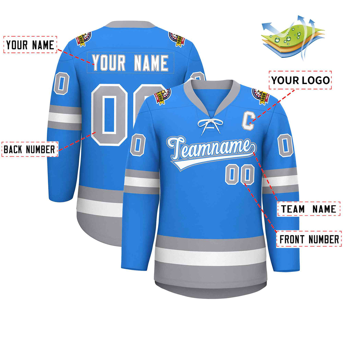 Custom Powder Blue White-Gray Lace-Up Neck Hockey Jersey | KXKSHOP