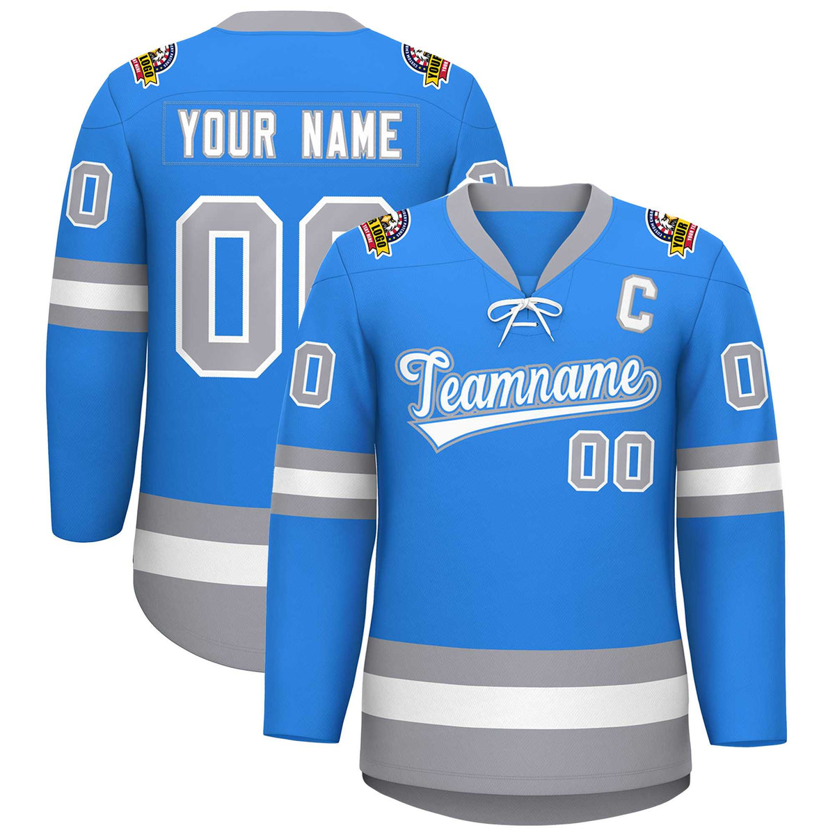 Custom Powder Blue White-Gray Lace-Up Neck Hockey Jersey | KXKSHOP