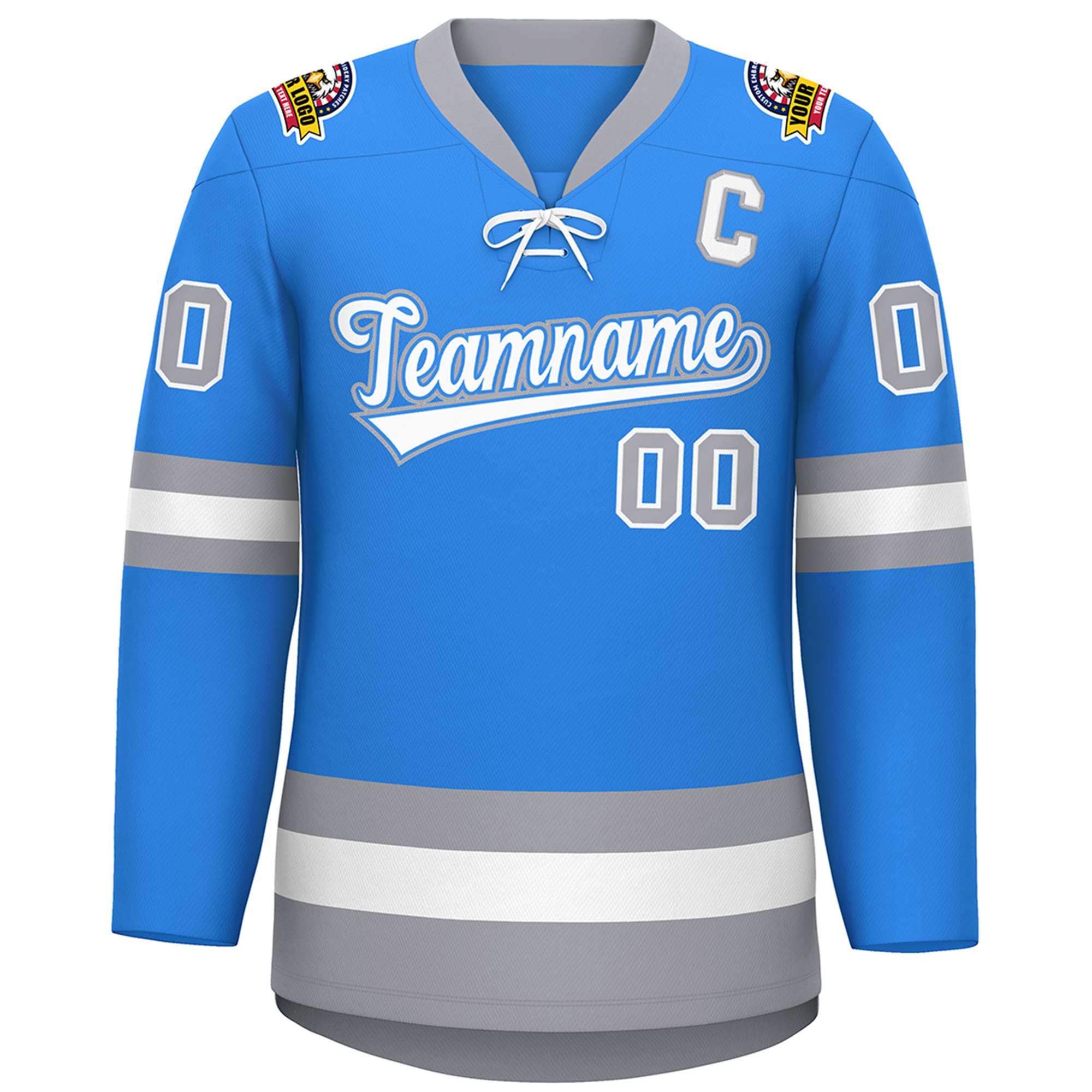 Custom Powder Blue White-Gray Lace-Up Neck Hockey Jersey | KXKSHOP