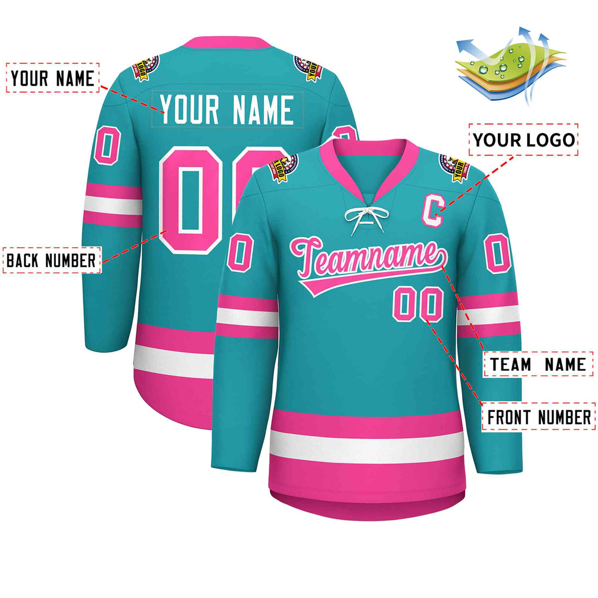 Custom Aqua Pink-White Lace-Up Neck Hockey Jersey | KXKSHOP