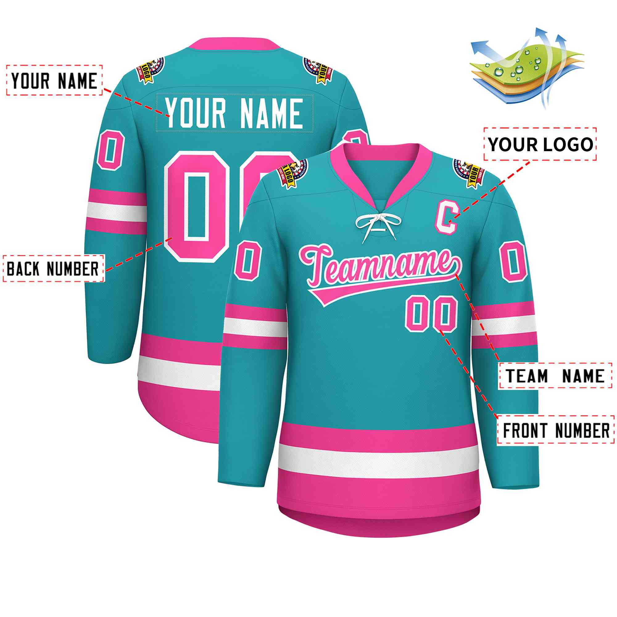 Custom Aqua Pink-White Lace-Up Neck Hockey Jersey | KXKSHOP
