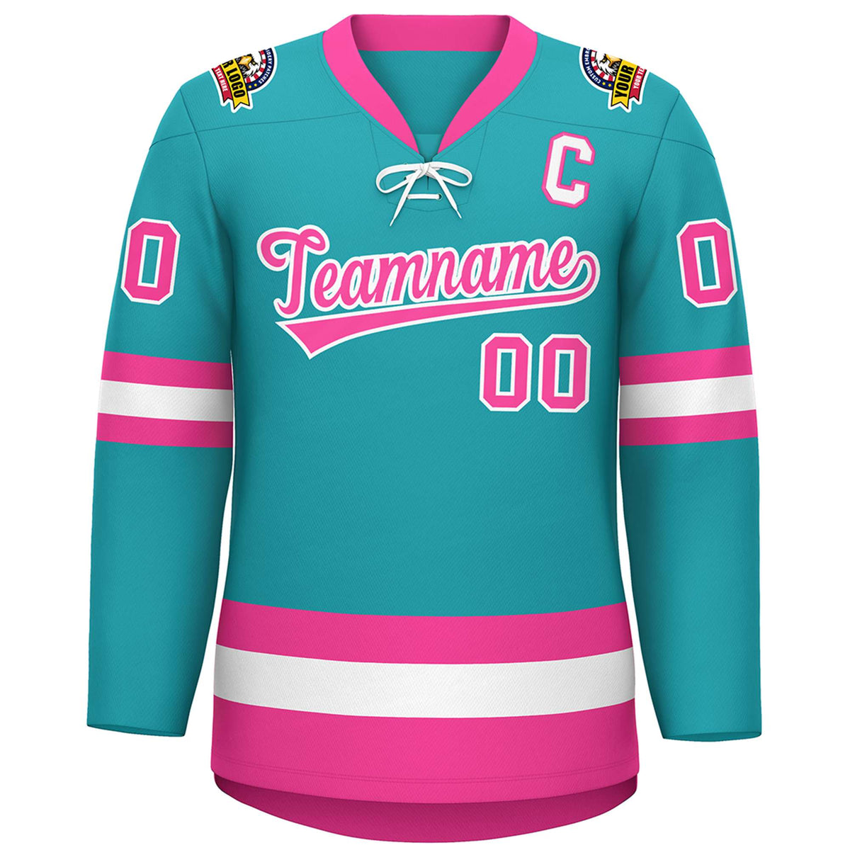 Custom Aqua Pink-White Lace-Up Neck Hockey Jersey | KXKSHOP