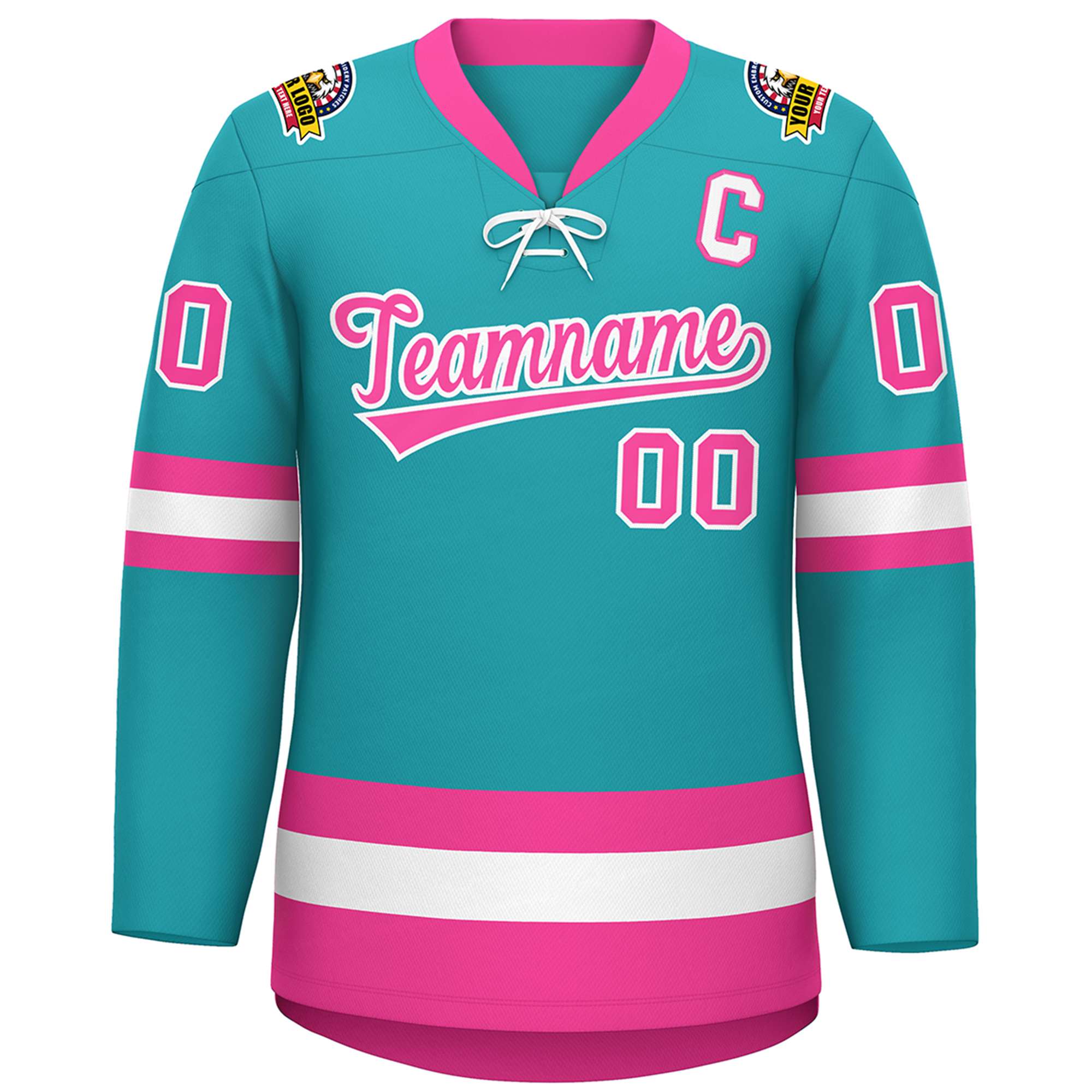 Custom Aqua Pink-White Lace-Up Neck Hockey Jersey | KXKSHOP