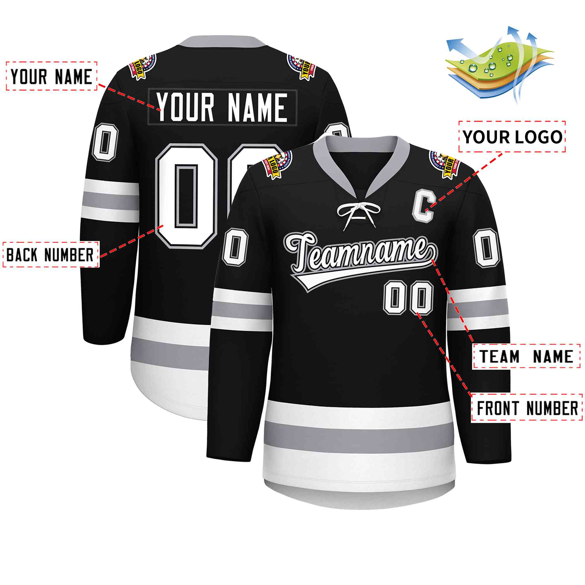 Custom Black White-Gray Lace-Up Neck Hockey Jersey | KXKSHOP