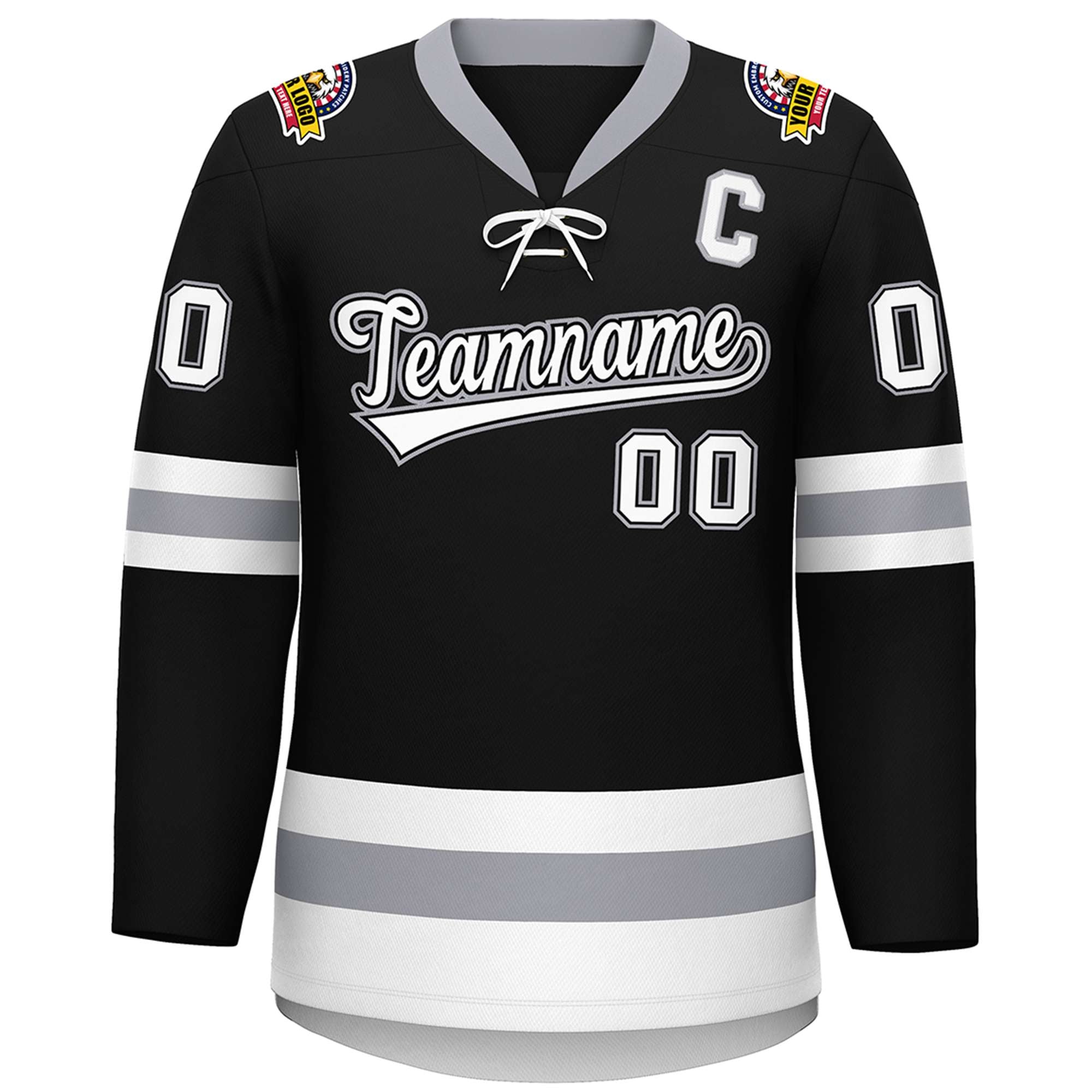 Custom Black White-Gray Lace-Up Neck Hockey Jersey | KXKSHOP