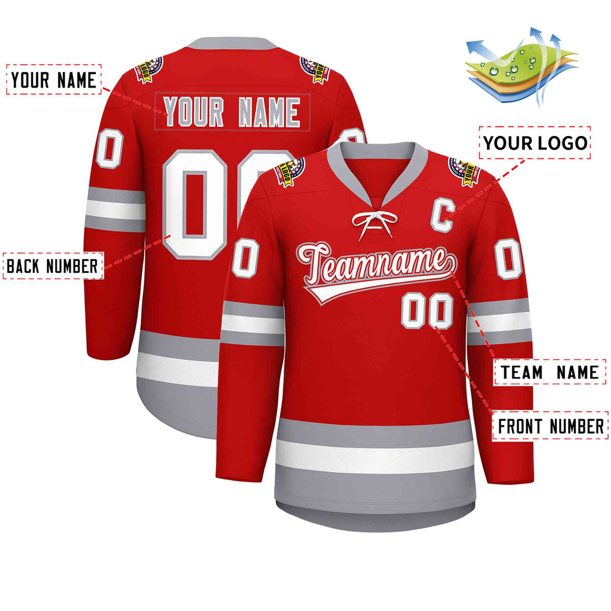 Custom Red White-Gray Lace-Up Neck Hockey Jersey | KXKSHOP
