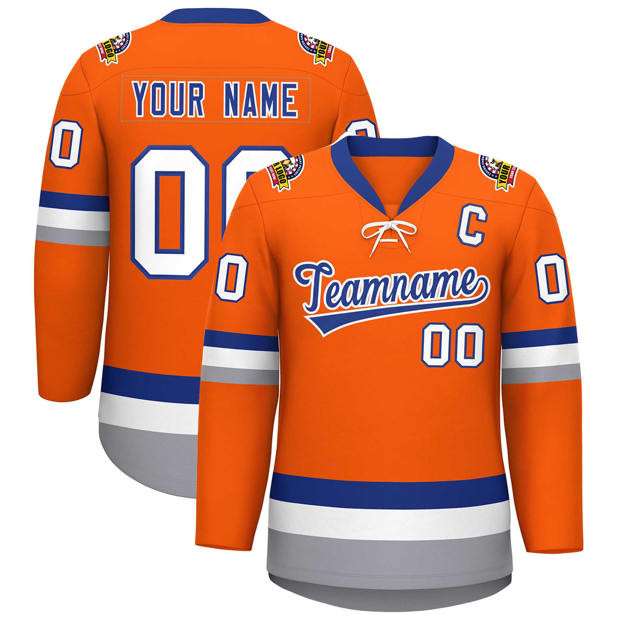 Custom Orange Royal-White Lace-Up Neck Hockey Jersey | KXKSHOP