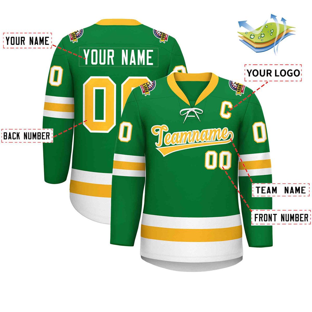 Custom Kelly Green Gold-White Lace-Up Neck Hockey Jersey | KXKSHOP