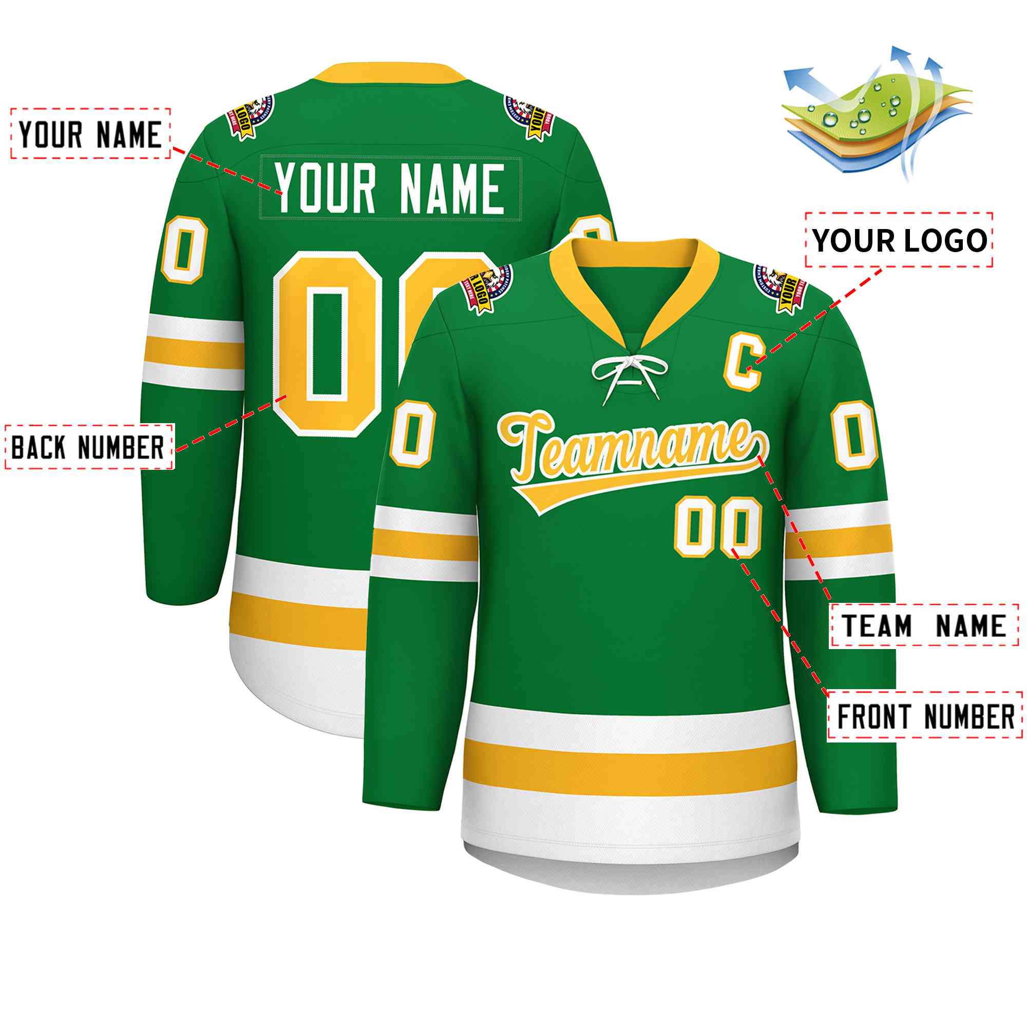 Custom Kelly Green Gold-White Lace-Up Neck Hockey Jersey | KXKSHOP