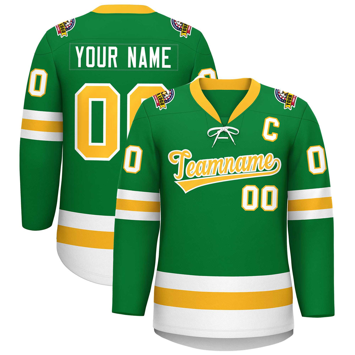 Custom Kelly Green Gold-White Lace-Up Neck Hockey Jersey | KXKSHOP
