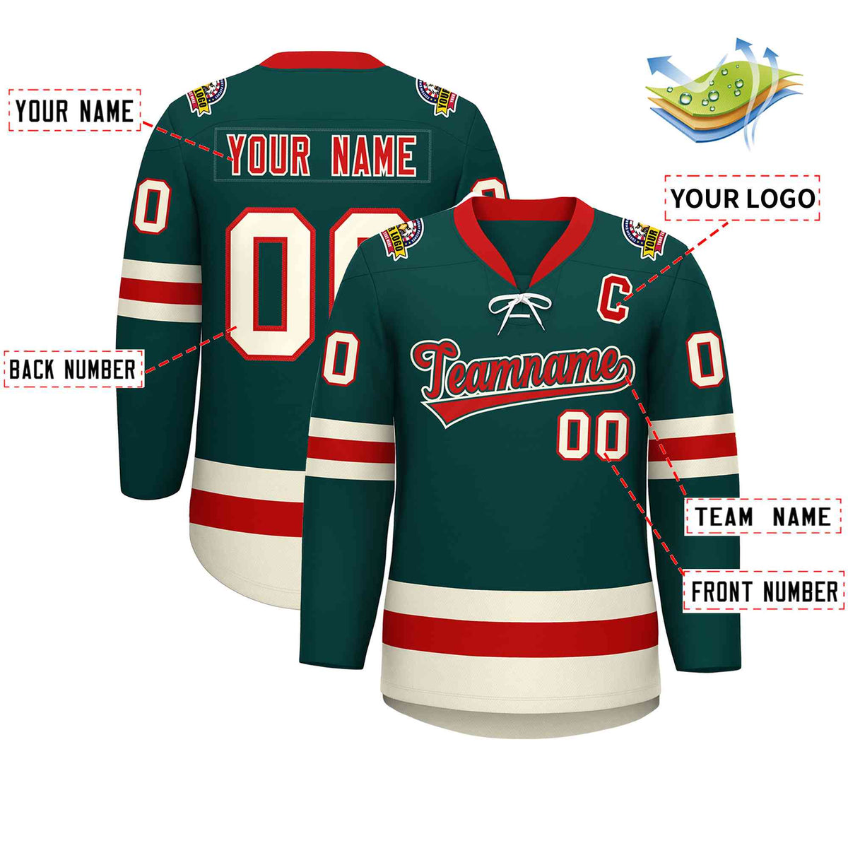 Custom Midnight Green Red-Cream Lace-Up Neck Hockey Jersey | KXKSHOP
