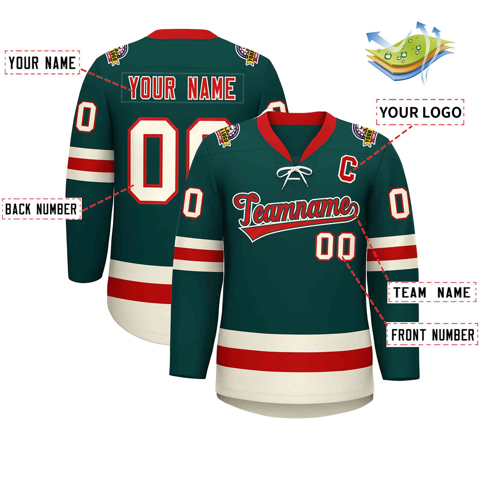 Custom Midnight Green Red-Cream Lace-Up Neck Hockey Jersey | KXKSHOP