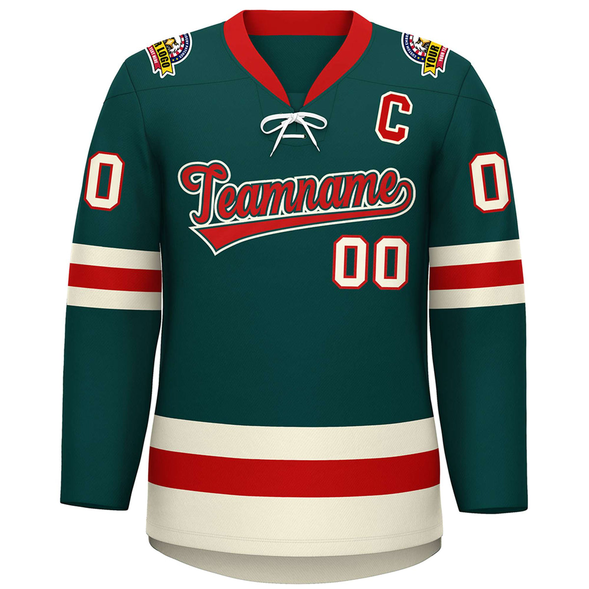 Custom Midnight Green Red-Cream Lace-Up Neck Hockey Jersey | KXKSHOP