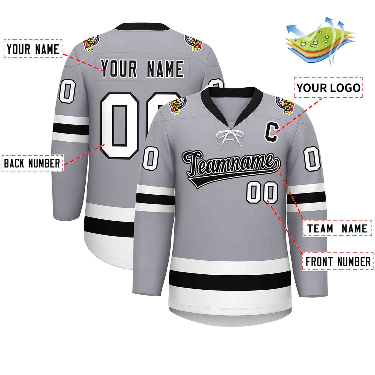 Custom Gray Black-White Lace-Up Neck Hockey Jersey | KXKSHOP