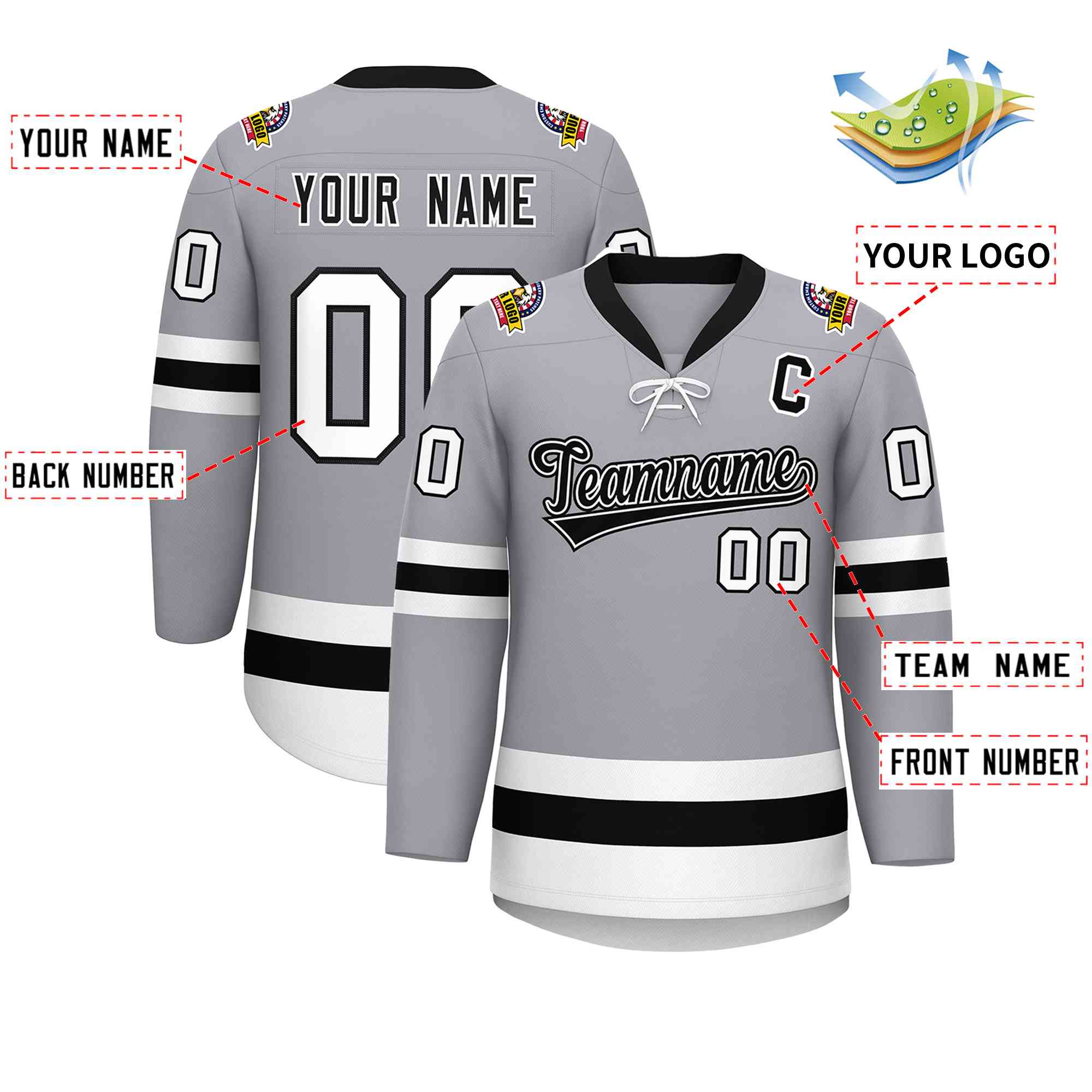 Custom Gray Black-White Lace-Up Neck Hockey Jersey | KXKSHOP