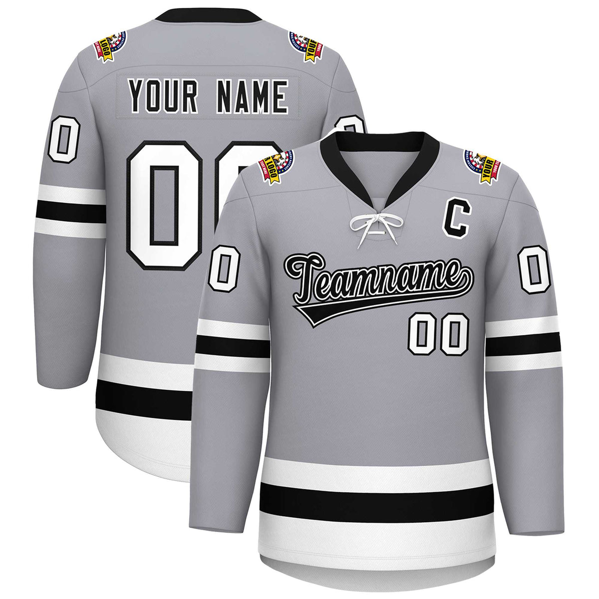 Custom Gray Black-White Lace-Up Neck Hockey Jersey | KXKSHOP