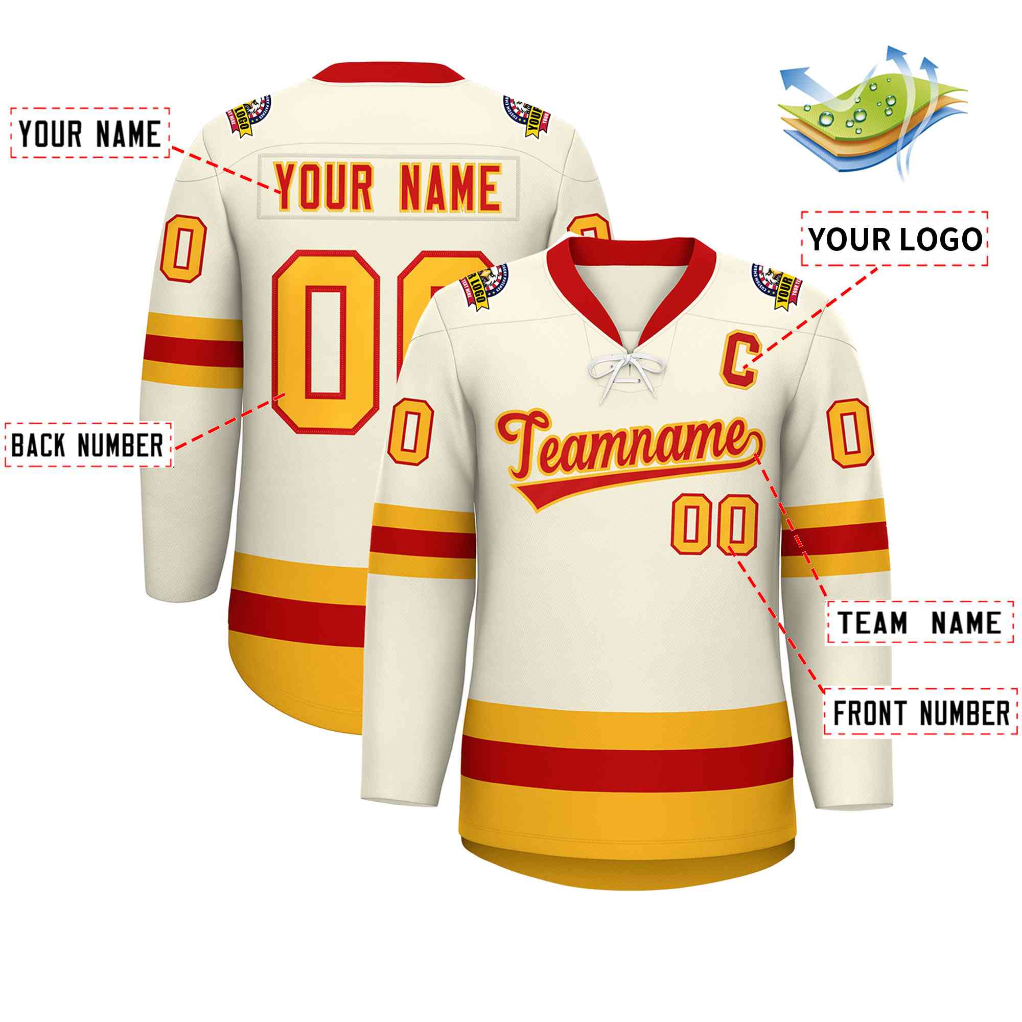 Custom Cream Red-Gold Lace-Up Neck Hockey Jersey | KXKSHOP