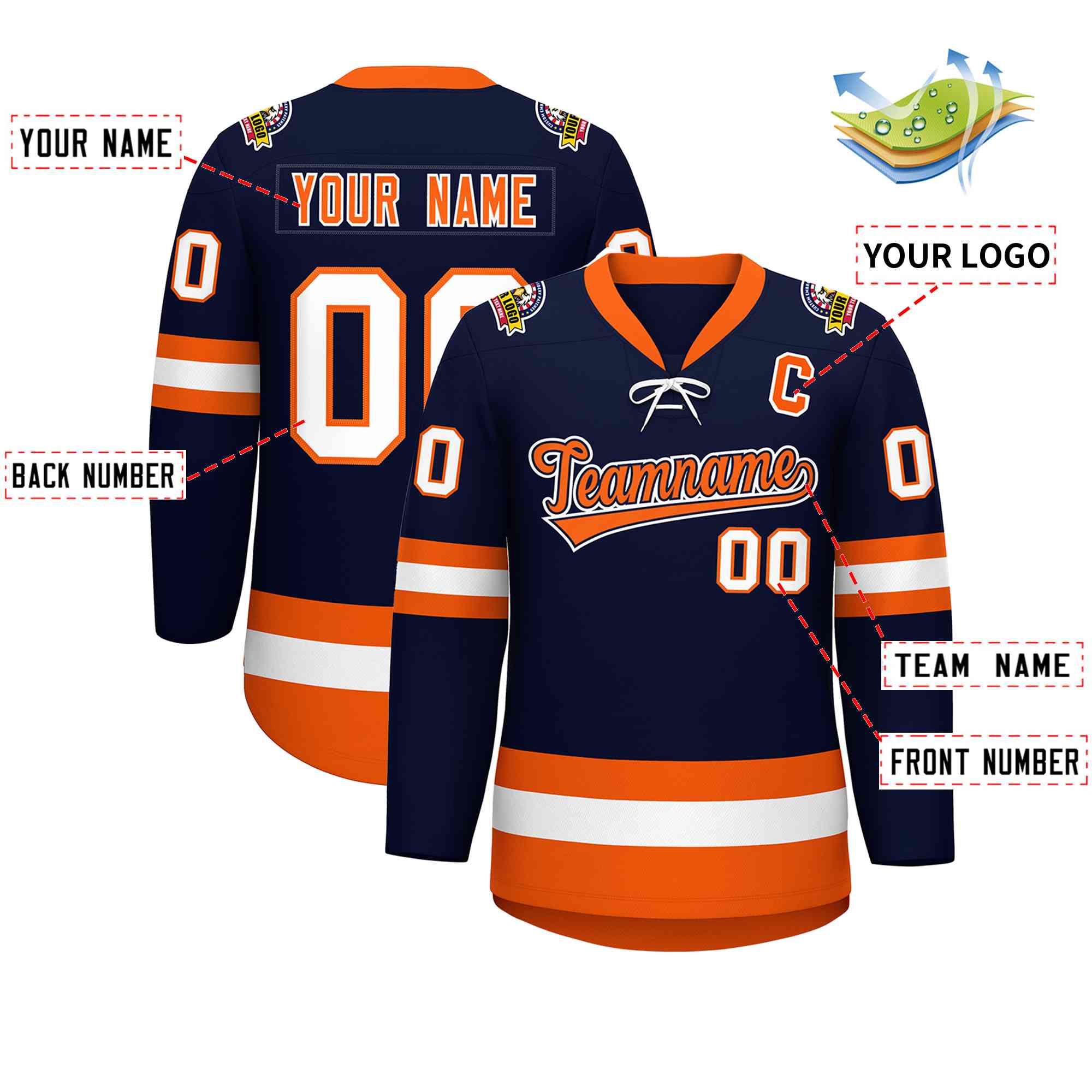 Custom Navy Orange-White Lace-Up Neck Hockey Jersey | KXKSHOP