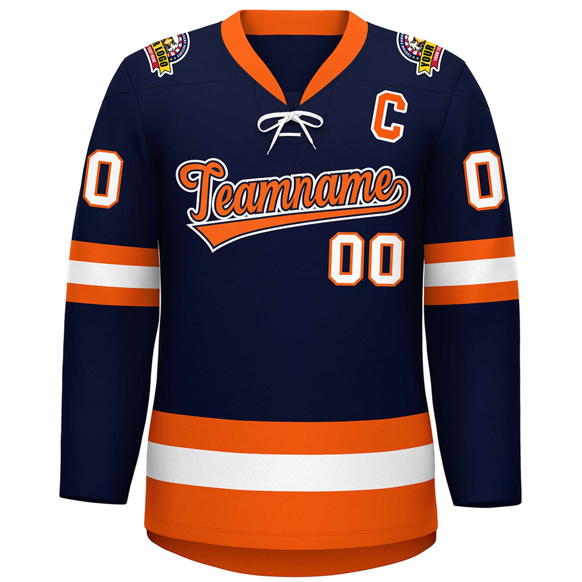 Custom Navy Orange-White Lace-Up Neck Hockey Jersey | KXKSHOP